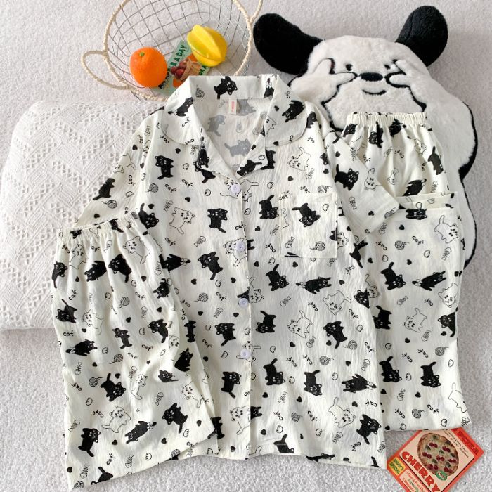 Volumen de carrera transfronterizo verano nuevo pijama amor de las mujeres pantalones cortos largos de manga corta traje de tres piezas de algodón nube ropa de hogar se puede usar afuera