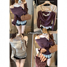 实拍韩国东大门女装新款薄款木耳边撞色假两件波点针织衫女装新款