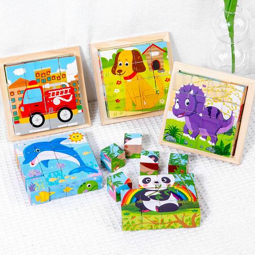 New 3D three-dimensional six-sided painting 12 wooden puzzle building blocks 3-6-7 years old children's kindergarten educational toys
