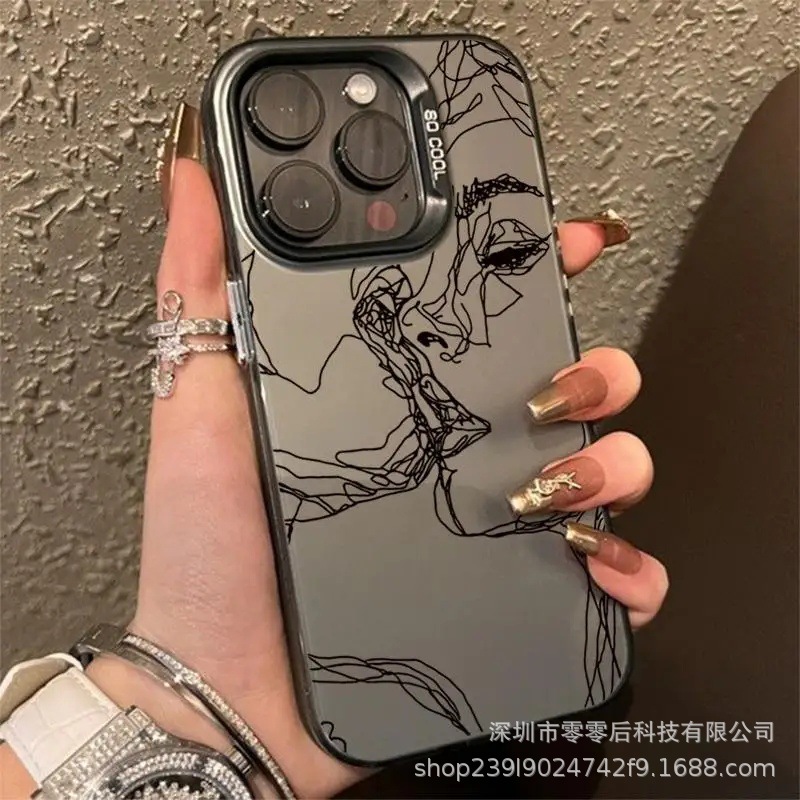 线条情侣适用苹果16PROMAX/iPhone15/iPhone14潮流个性彩银手机壳