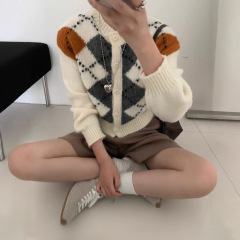高级感菱形格毛衣女款秋季针织开衫外套韩国东大门宽松小个子上衣