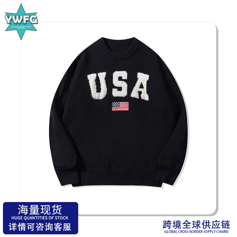 André.| Suéter de letras retro americano para hombres y mujeres otoño y invierno pareja alta versátil cuello redondo camiseta de manga larga
