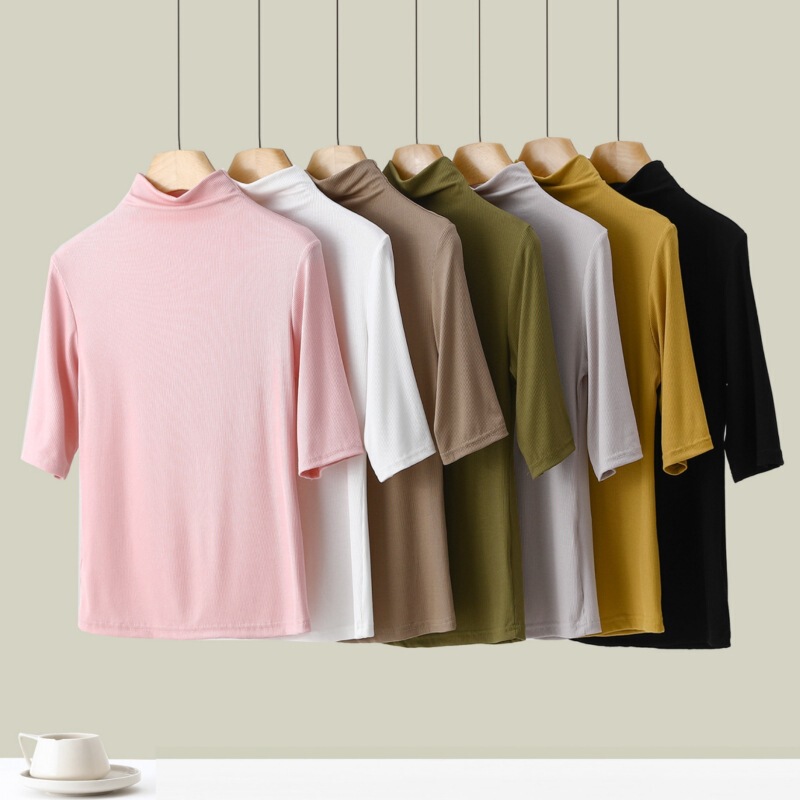 Summer Threaded Modal High Neck Half Sleeve T-shirt Women's Outer Wear Thin Short Sleeve Top Slimming Inner Base Shirt