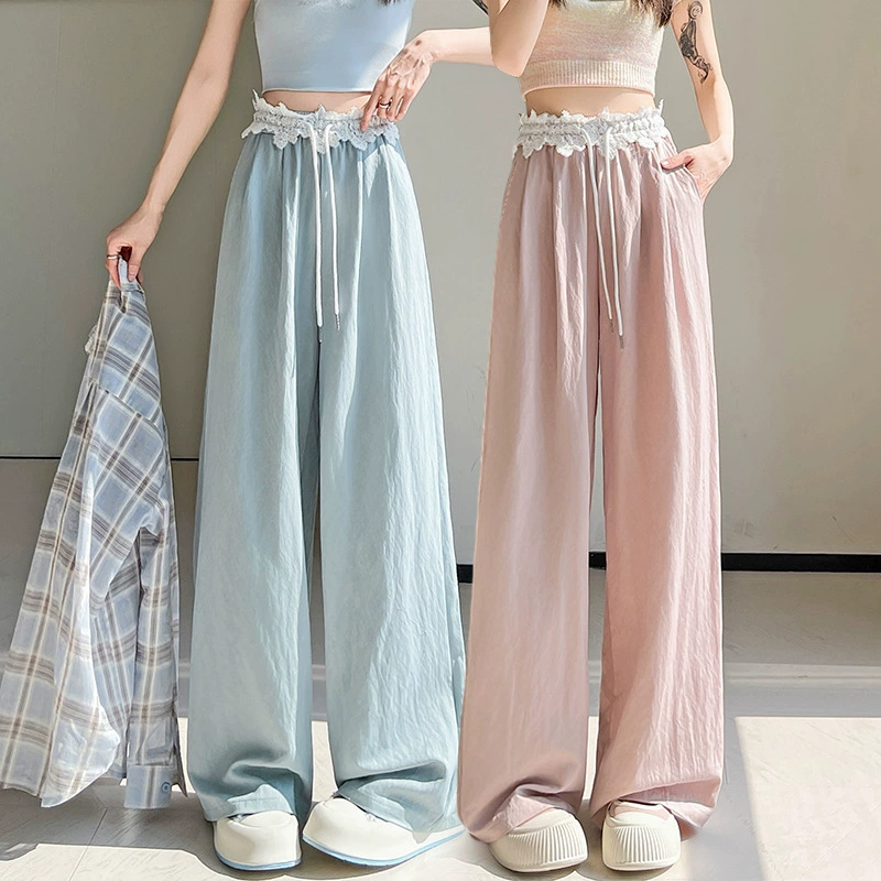 2025 весна и лето новые премиум-ощущения тонких и вытянутых широкие брюки женские свободные кружевные брюки с высокой талией