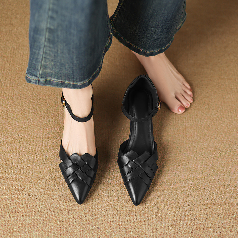 Giày sandal cao gót nữ quai ngang mũi nhọn da cừu gót 5,5 cm — đen