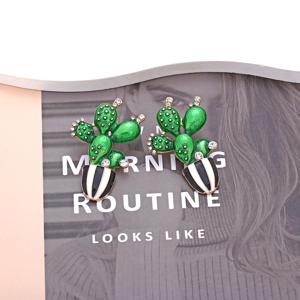 28g Weight Ordinary Silver Needle Ear Needle Material 1 Pair Novelty Cactus Enamel Alloy Rhinestones Ear Studs