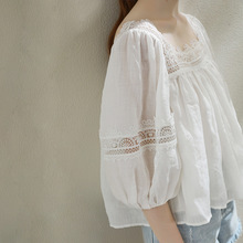 夏季新款高支苎麻法式T恤女神蕾丝泡泡袖仙女减龄公主上衣89051