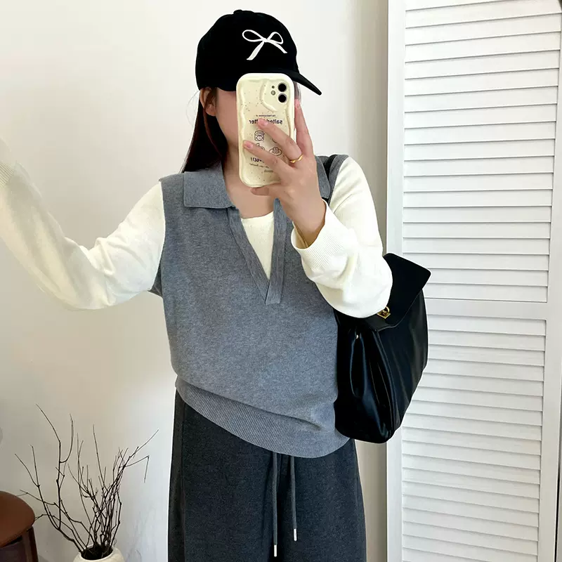 大码女装撞色假两件polo领上衣女休闲毛衣2025秋胖mm针织衫23369