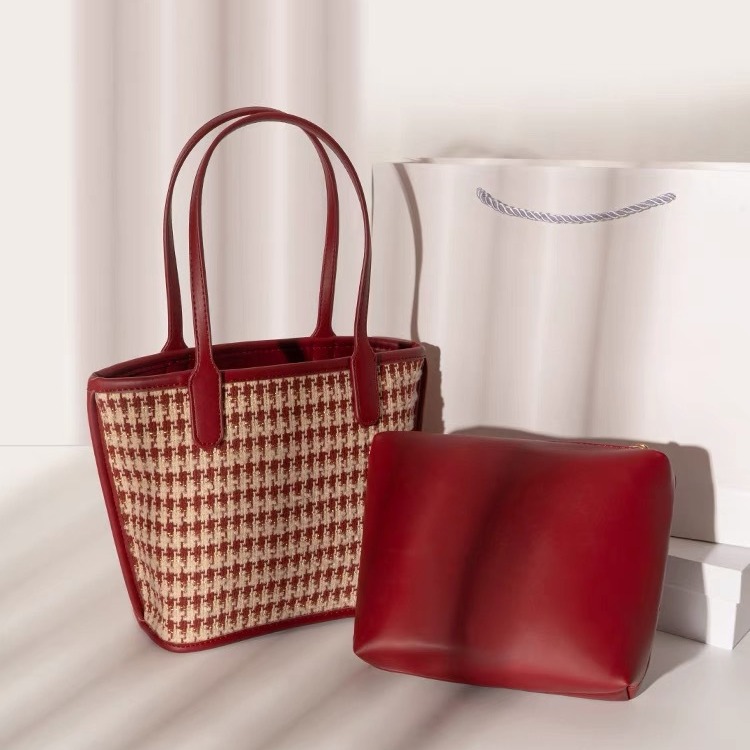 Red Thousand Bird Grid New High Grade Water Bucket Cabbage Basket Wedding Bridal Bag Handbag Daily Usable_voghion.com