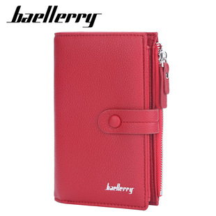 Baellerry Women's Mid-length Wallet Litchi Pattern Vertical Multi-card Coin Purse with Buckle and Zipper Wallet for Women