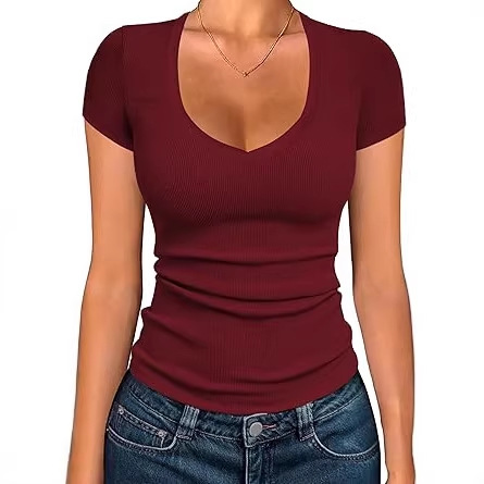 2026 Cross-Border Foreign Trade Women's Short-Sleeve Knit Slim-Fit Top Amazon Hot Girl Solid Color T-Shirt Versatile