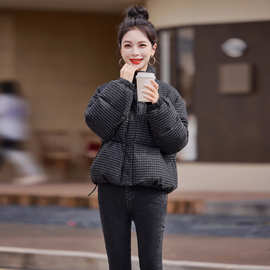 短款羽绒服女2024冬新款小个子超好看独特漂亮立领黑色格子面包服