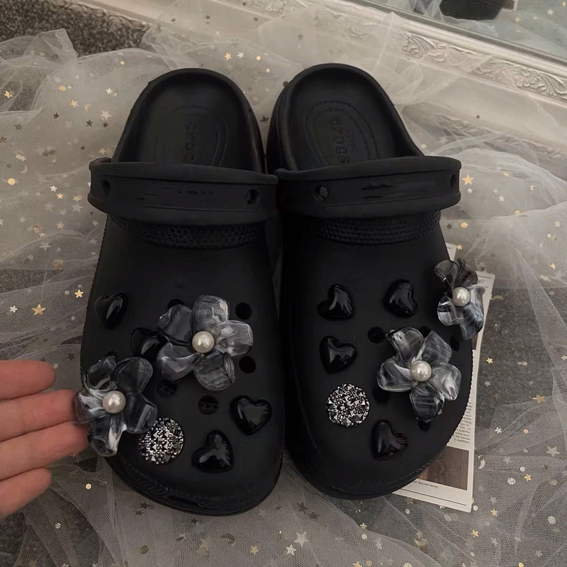 Black Detachable Splash-Ink Shoe Flower High-End Shoe Buckle Clog Shoe Accessories Niche Pearl Flower DIY Decorative Accessories