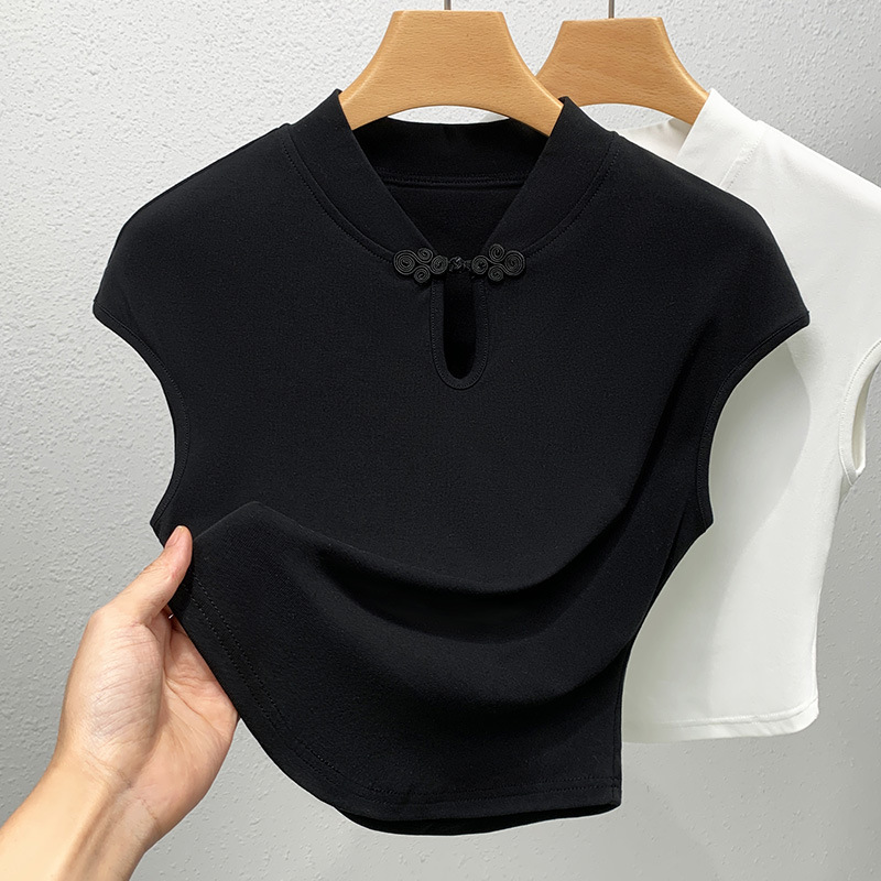 Camiseta de mangas cortas de botón de viento nacional para mujeres 2024 nueva ropa de mujer cuello vertical camiseta de color sólido camiseta de hombro de camisa china