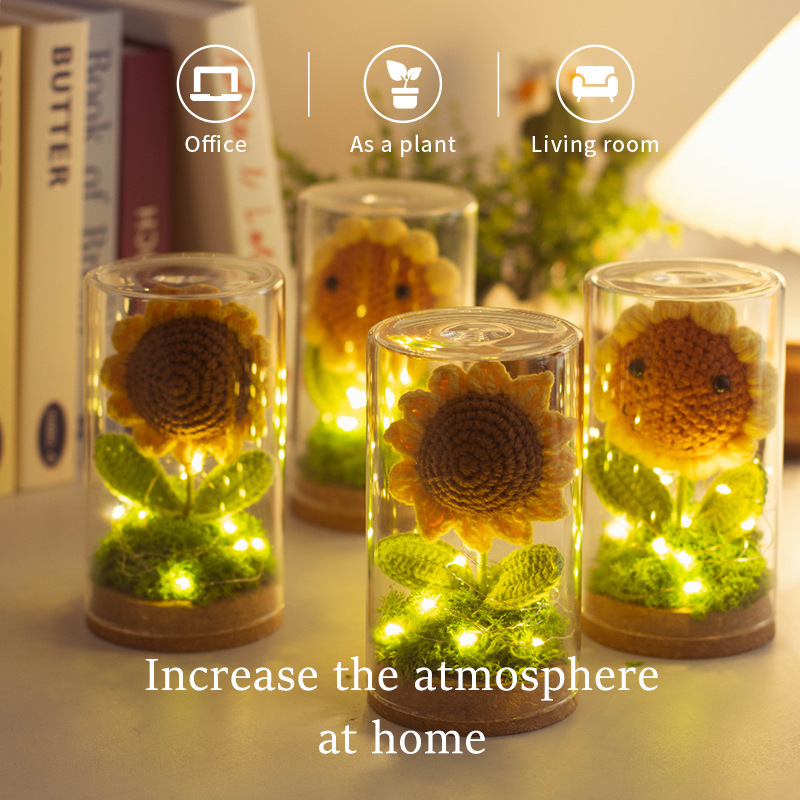 Finished crocheted sunflower artificial flower glass lampshade night light desktop decoration gift suit holiday gift