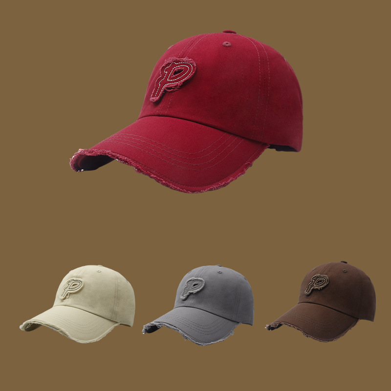 韩版新款帽子P字母做旧破边棒球帽男春夏户外百搭时尚休闲鸭舌帽
