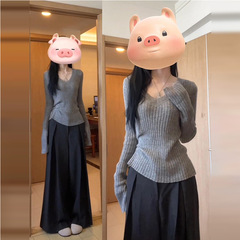 灰色v领辣妹收腰长袖针织打底衫女内搭上衣春秋冬修身设计感毛衣