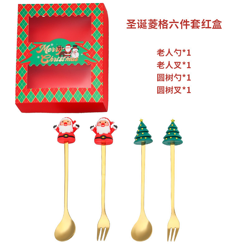 跨境圣诞餐具不锈钢勺叉套装创意雪人勺子叉子咖啡搅拌勺水果叉|undefined