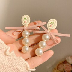 夏の予定〜チューリップパールリボンヘアピン女性の前髪サイドクリップスーパー妖精の花のヘアピン頭飾り