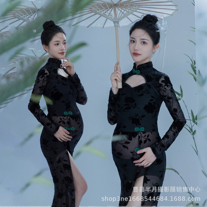 New Photo Studio Pregnant Women Photo Clothing Pregnant Mother Photo Retro Split Cheongsam Black Art Photo One-piece Skirt