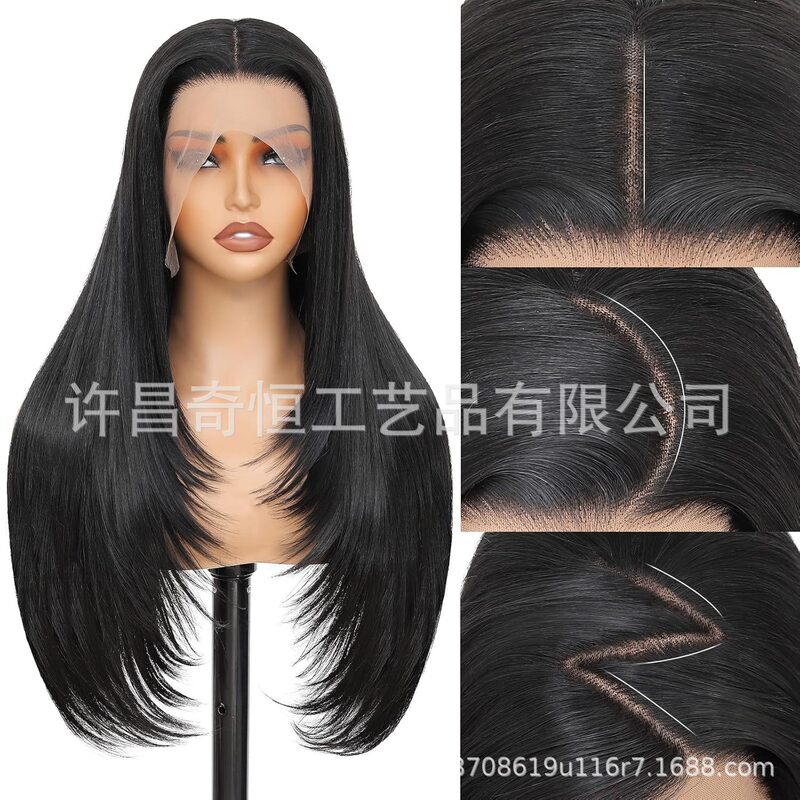 Xuchang 13×4 Frontal Lace Wig High-Quality Black Long Straight Synthetic Fiber Hand-Tied Lace Women's Full Head Wig Xuchang 13×4 Frontal Lace Wig High-Quality Black Long Straight Synthetic Fiber Hand-Tied Lace Women's Full Head Wig