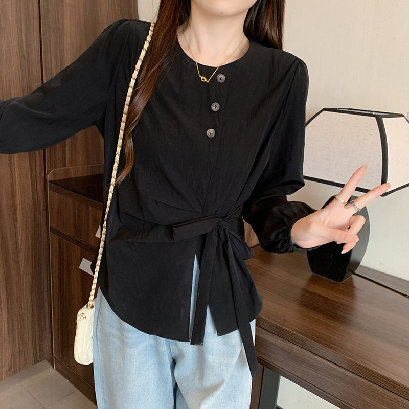女装秋装新款2025法式新品感不规则衬衫褶皱绑带休闲上衣黑色白色|undefined
