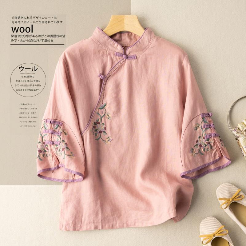 2025 New Chinese Style Retro Cotton and Linen Shirt for Women Spring and Summer Chinese Style Stand-Up Collar Button-Up Top with Slanted Placket Embroidered Tea Suit