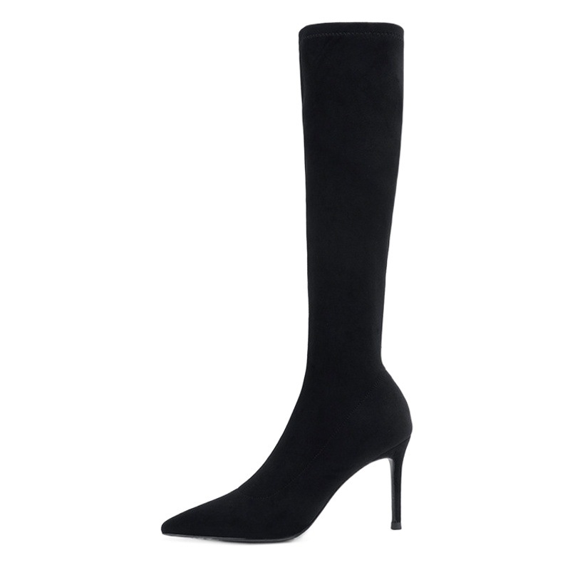 2025 New Versatile Boots for Women, No More Than Knee-High, Small High Heels, Khaki Suede, Slimming Look, Elastic Stiletto Heels and Velvet