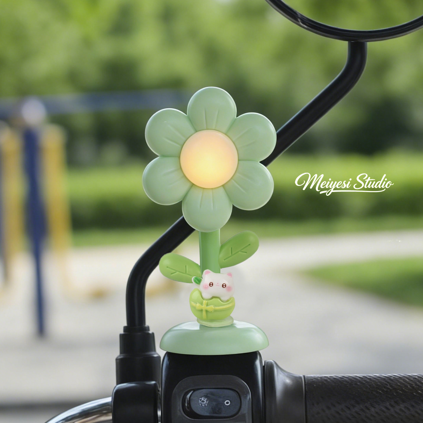 Flores de automóviles eléctricos adornos de luces lindos dibujos animados jefe perro coche de batería bicicleta de noche luces de advertencia accesorios de decoración