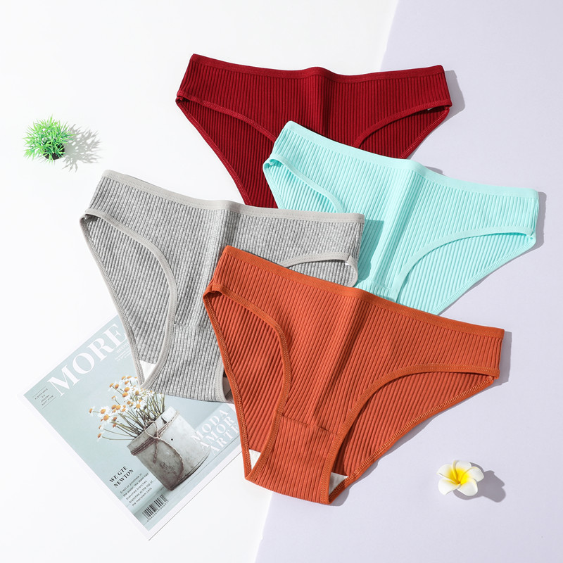 New Cotton Threaded Women's Briefs Solid Color Low Waist Hip Breathable Double-Layer Girls' Panties Factory Direct Supply