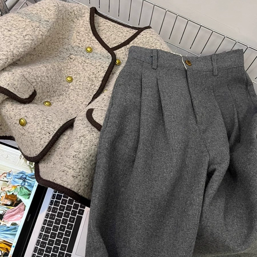 Рекомендуется на уровне CHAO! Темно-серые широкие брюки женская осень-зима утолщение с высокой талией свободные шерстяные повседневные длинные брюки