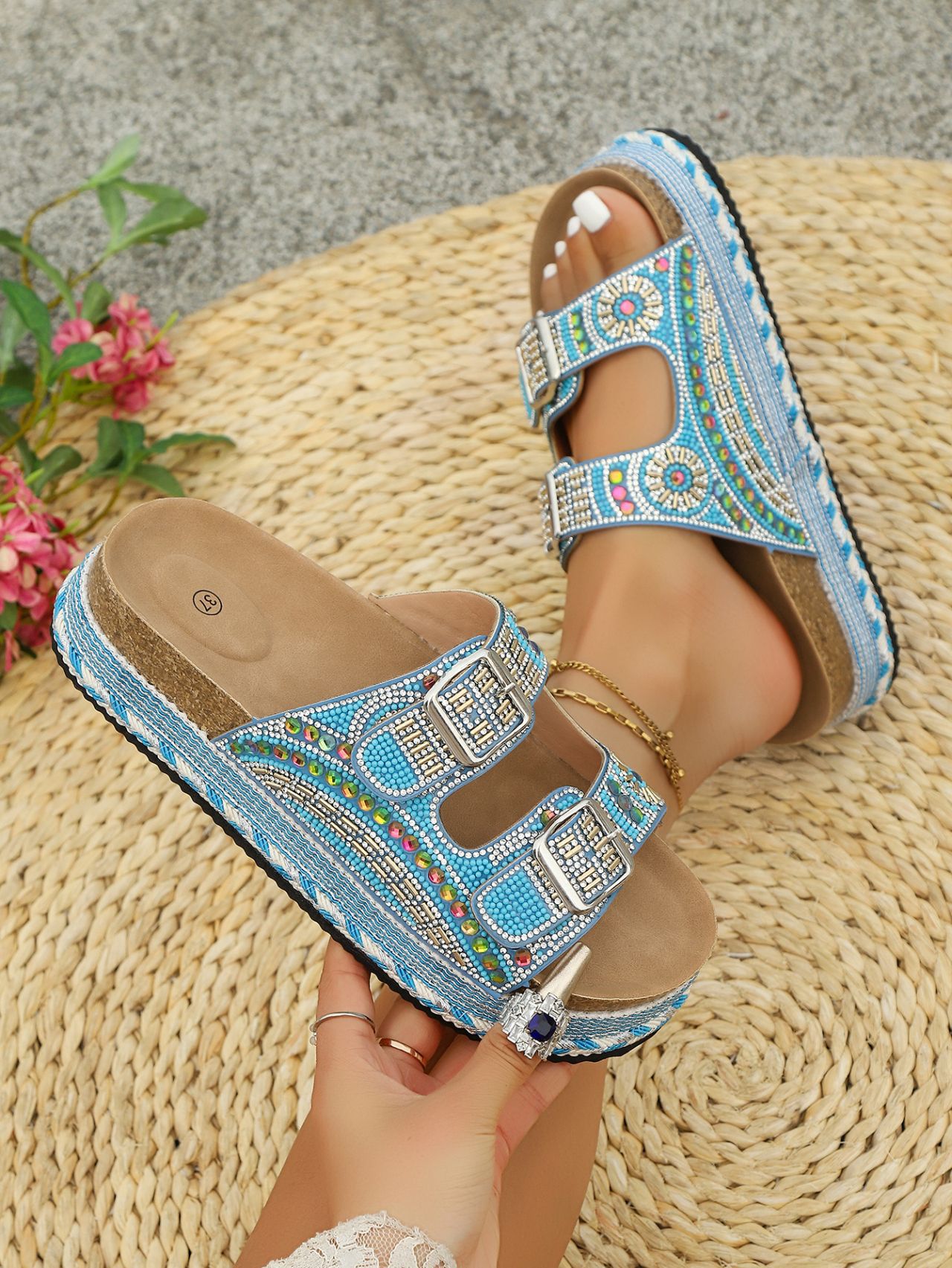 Women's Summer Rhinestone Platform Sandals Thick Sole Belt Buckle plus Size Shoes Size 43 New Style_vogvips.com