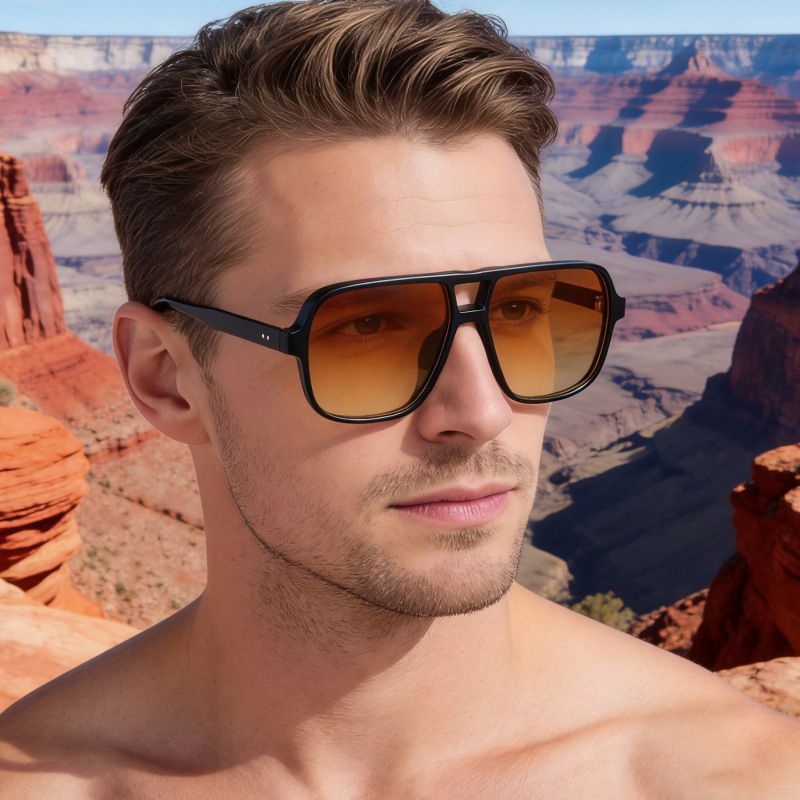 European and American Retro Double-Beam Sunglasses for Men, Large-Frame Driving Sunglasses, Men's Outdoor Mountaineering Sun Protection Glasses Shades
