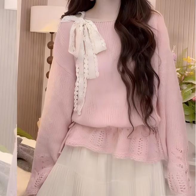 设计感蕾丝系带蝴蝶结镂空针织衫女2025秋季新款宽松温柔甜美毛衣|undefined
