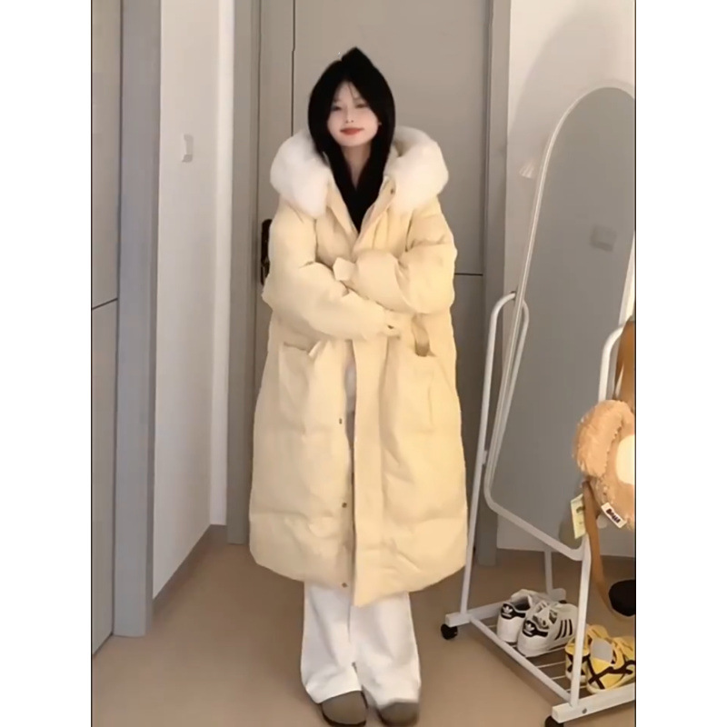 大毛领连帽羽绒棉服棉衣女2024新款加厚保暖小个子中长款棉袄外套