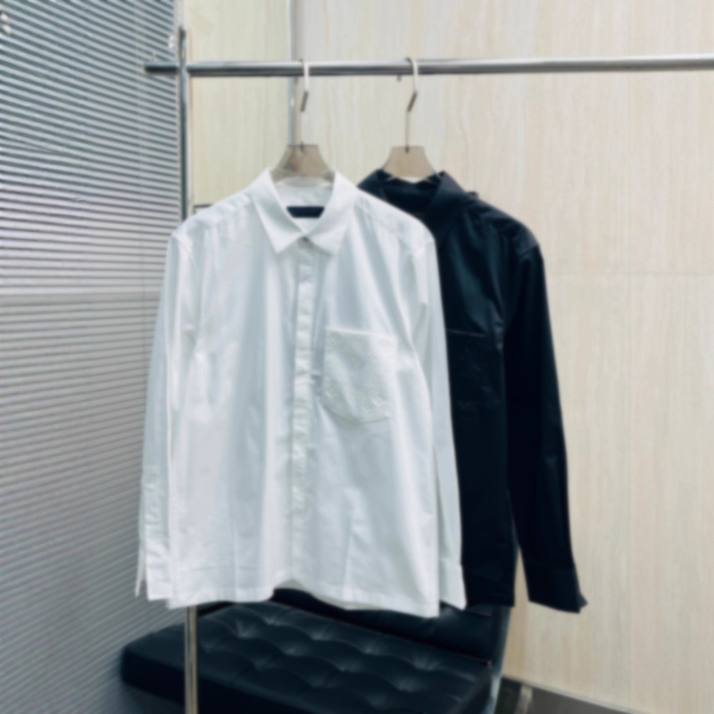 Nanyou Cross-Border High-End Version 26Ss Lv Pocket Letter Embossed Four-Leaf Clover Printed Pure Cotton Long-Sleeve Unisex Shirt