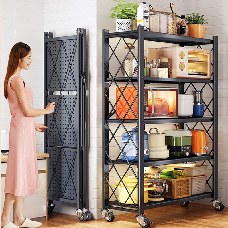 Estante de almacenamiento de piso para sala de estar doméstica Estante de almacenamiento plegable de acero al carbono multicapa de cocina Estante de almacenamiento multifuncional de dispositivo libre de seguridad
