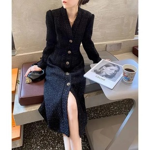 9188 Western Style Hepburn Pure Color Woolen Button Dress Women's 2024 Spring and Autum New V Neck Slim Jacket a