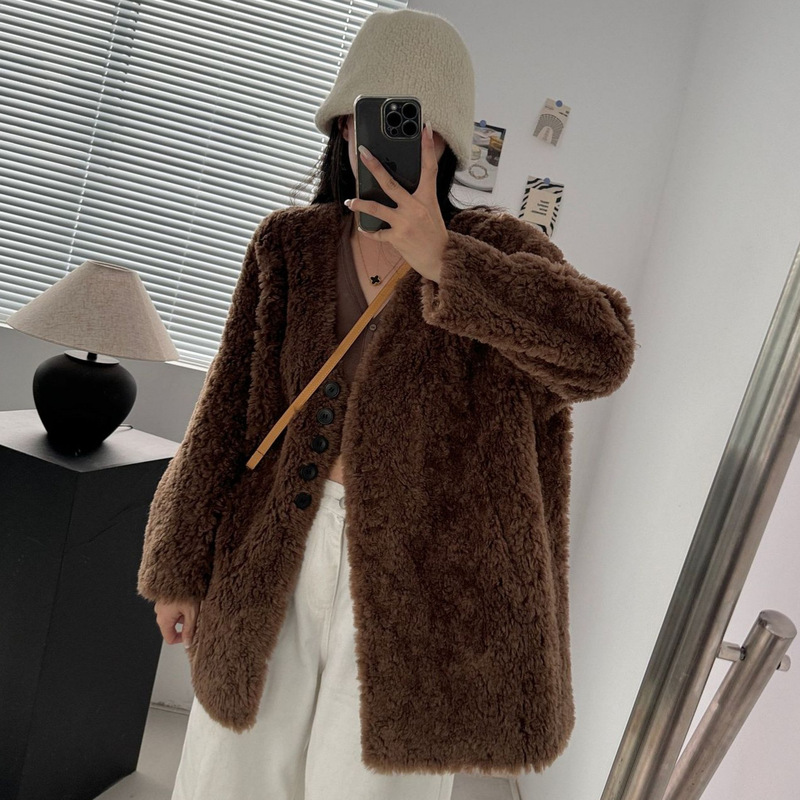 2023 Winter All-Wool Fur Coat with Lamb Wool and Shearling, Mid-Length, Lazy Style, Fluffy