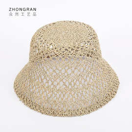 镂空遮阳咸草帽草编帽子夏季男女手工平顶草帽diy夏季太阳冒批发