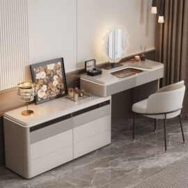 意式极简梳妆台斗柜一体轻奢卧室高级感床尾带灯首饰柜实木化妆桌