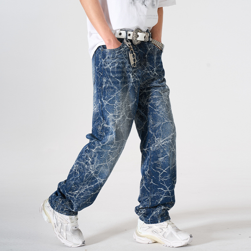 Men's Loose Straight Leg Jeans High Street Lightning Print Retro Cool Wide Leg Trousers For Spring Autumn_mkmklike.com