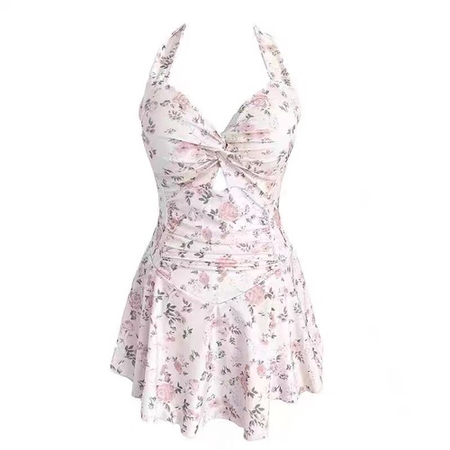 Skirt swimsuit women's summer one-piece conservative internet celebrity floral small chest gathering slimming short student strapless pure desire style 