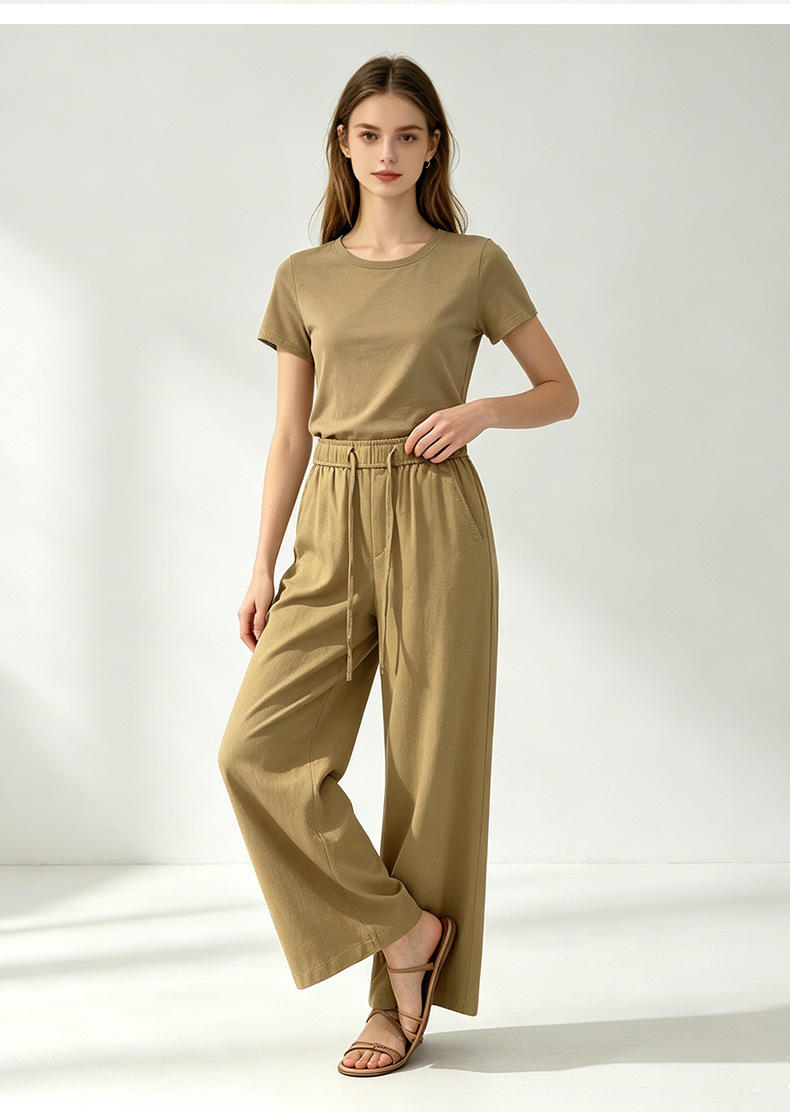 Quần culottes nữ ống rộng cạp cao vải lanh phối sợi tencel dáng suông ống thẳng — màu kaki chi tiết 18
