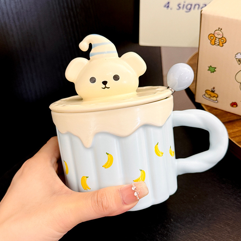 漫画立体子犬蓋セラミックカップスプーン付きかわいい子供用ホームマグ朝食ミルクカップお土産|undefined
