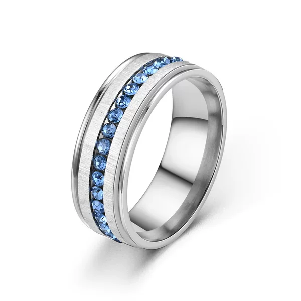 2025 Popular Stainless Steel Ring with Blue Diamonds That Won'T Fade, Wholesale 8mm Double-Step Steel-Colored Grooved Ring with Blue Diamonds