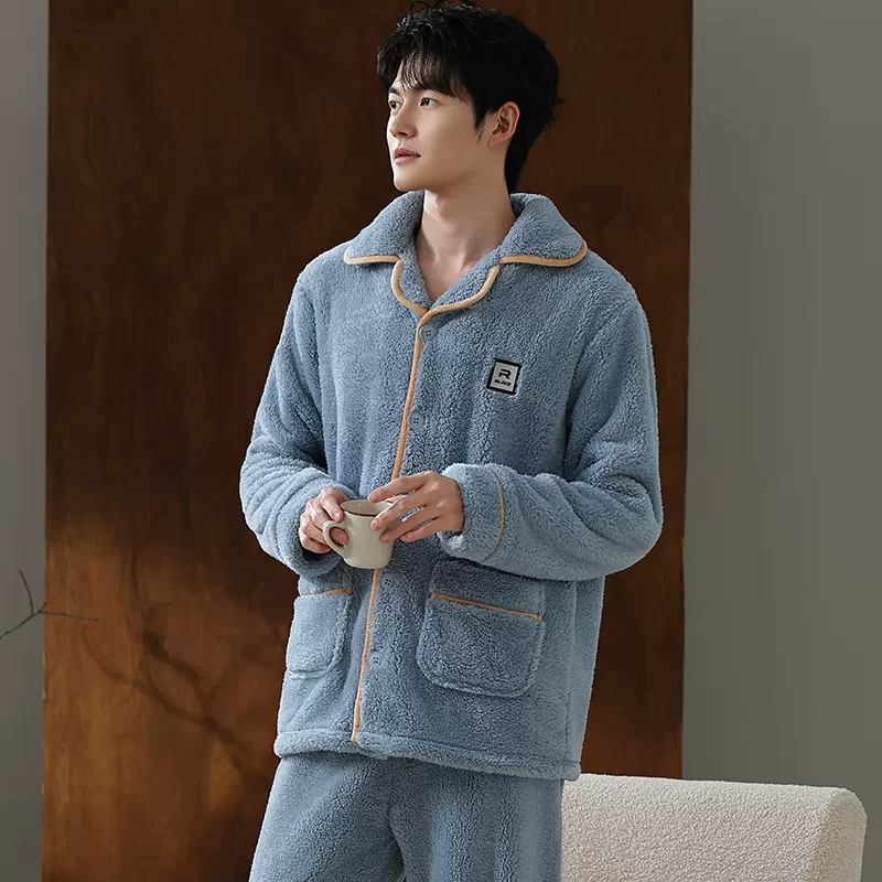 珊瑚绒睡衣长袖两件套休闲加绒加厚御寒中年新款家居服男士可外穿