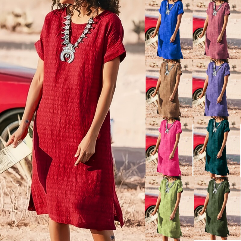 A large number of in stock Amazon cross-border new women's short sleeve skirt casual short sleeve round neck side seam split dress A large number of in stock Amazon cross-border new women's short sleeve skirt casual short sleeve round neck side seam split dress