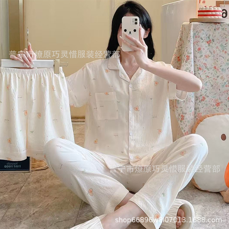 Red famosa nuevo pijama de mujer nubes de verano algodón pantalones cortos de manga corta pantalones largos de tres piezas de dibujos animados set de ropa para el hogar