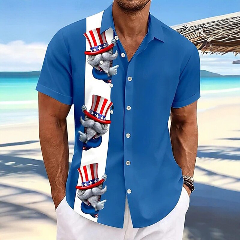 Uncle Sam Cartoon Color-Blocked Short-Sleeved Shirt European and American Holiday Men's Vacation Shirt Cross-Border Dropshipping Uncle Sam Cartoon Color-Blocked Short-Sleeved Shirt European and American Holiday Men's Vacation Shirt Cross-Border Dropshipping